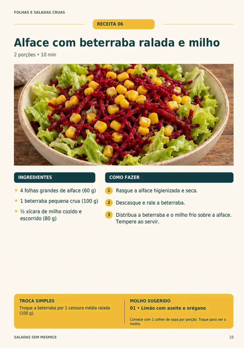Página 18 do e-book: Receita 06, Alface com beterraba ralada e milho, com foto do prato, ingredientes, passo a passo e sugestão de molho
